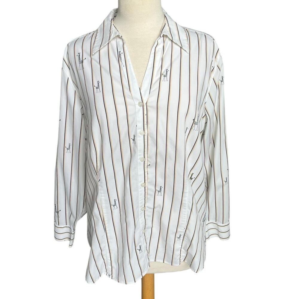 Chico's Shirt Top Giraffe Safari Button Collar 3/4 Sleeve Stripe Novelty 3